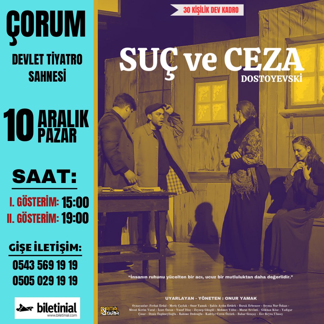 Tüm gösterimleri kapalı gişe sahnelenen “SUÇ ve CEZA” Çorum’da izleyici karşısına çıkıyor!

Biletler: 👉🏼 biletinial.com/tr-tr/tiyatro/…

#çorum #sanat #tiyatro