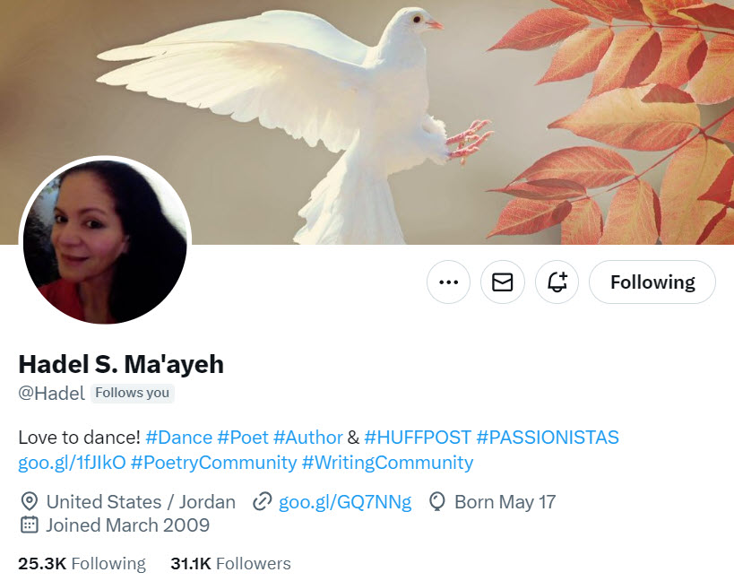 ❤️ ✍️📚 Thanks for your continued support, Hadel S. Ma'ayeh @Hadel Love to dance! #Dance #Poet #Author & #HUFFPOST #PASSIONISTAS goo.gl/1fJIkO #PoetryCommunity #WritingCommunity United States 🇺🇸 / Jordan 🇯🇴 goo.gl/GQ7NNg
