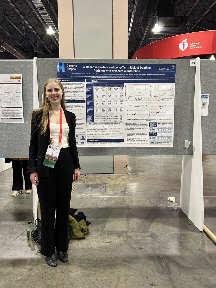 Legend of tomorrow Julie Borchsenius @JBorchseni92647 with her first ever poster at an international conference #AHA2023 - what is the association between CRP level and risk of death in patients with MI? Check out poster 4053. @CIRL_DK <a href="/TorBiering/">Tor Biering-Sørensen, MD, MSc, MPH, PhD</a> <a href="/KragholmK/">Kristian Kragholm</a> @doctorditte