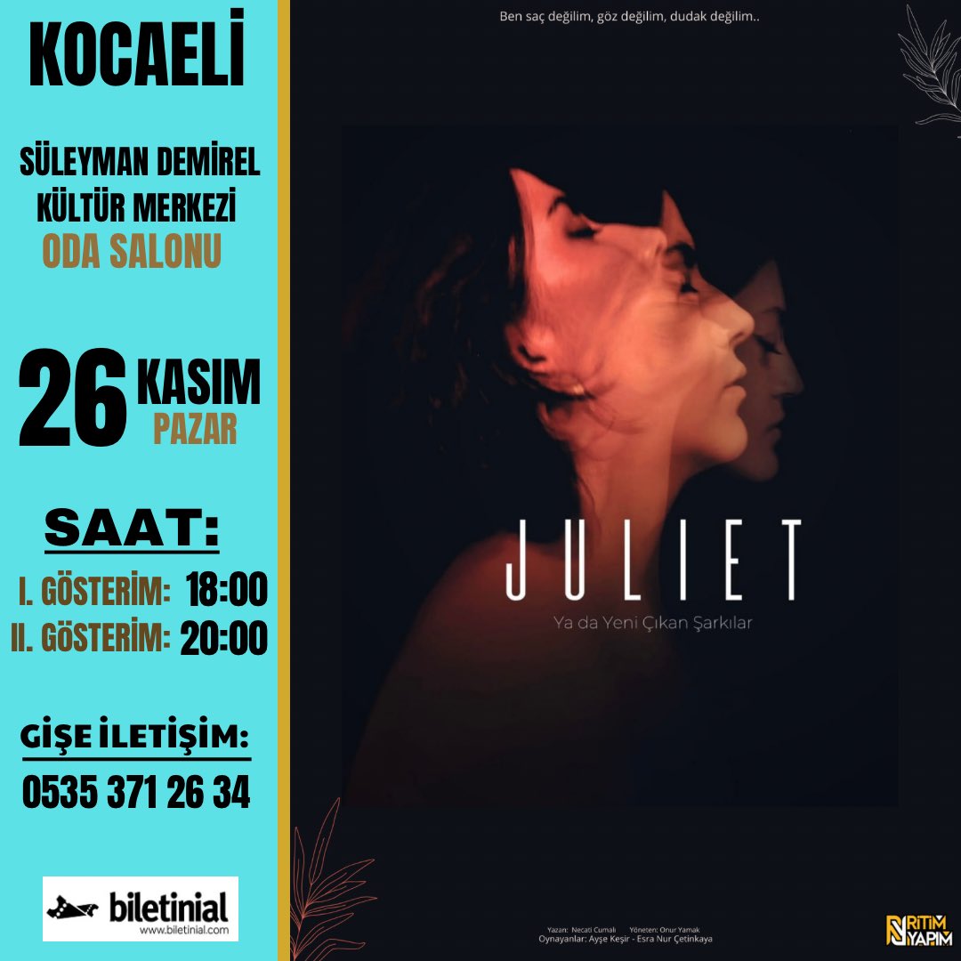 Baştan sona sürükleyiciliğiyle heyecana sokan bu muhteşem oyun “JULİET” Kocaeli’de izleyici karşısına çıkıyor! 

Biletler: 👉🏼 biletinial.com/tr-tr/tiyatro/…

#kocaeli #tiyatro #sanat #çorum