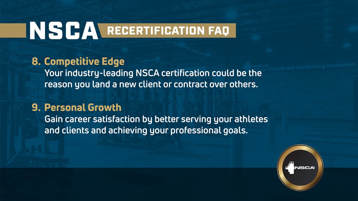 NSCA's tweet photo. 10 Reasons to #RecertifyNSCA Part 2 is here!
Discover how recertification helps you meet your personal & professional goals:
» Career Advancement
» Continued Learning
» Competitive Edge
» Personal Growth
» Ethical Responsibility
Recertify by Dec. 31 at https://t.co/fuvZLmTcu5 https://t.co/Pi7kAePyvn