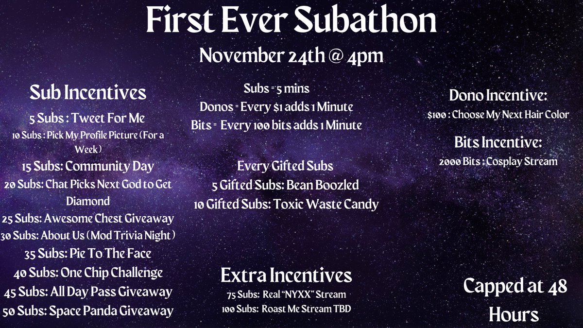 TheRealMs_Nyxx's tweet photo. I'll be doing my first ever subathon November 24th! I'm excited and hope to see you there! https://t.co/xPoJU0U7kc