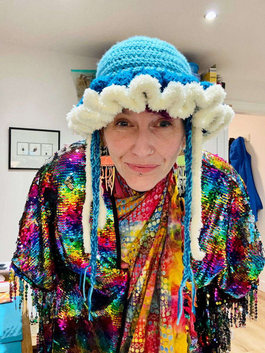 The Teen finished their jellyfish crochet hat 😍 🪼 Obviously, I modelled it by becoming as jellyfish as possible with limited resources. #autisticjoy #glimmers