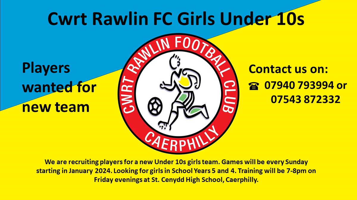 davehagendyk's tweet photo. We are starting a new @CwrtRawlinFC girls team. Recruiting new players from school Years 5 and 4. Please help to share. Focus on fun and learning, all abilities and experiences welcome. @CwrtRawlinprim @TwynSchool @Plasyfelin @machenprimary @Ysgol_y_Castell @yggc_ysgol https://t.co/QMZQ22CtLg