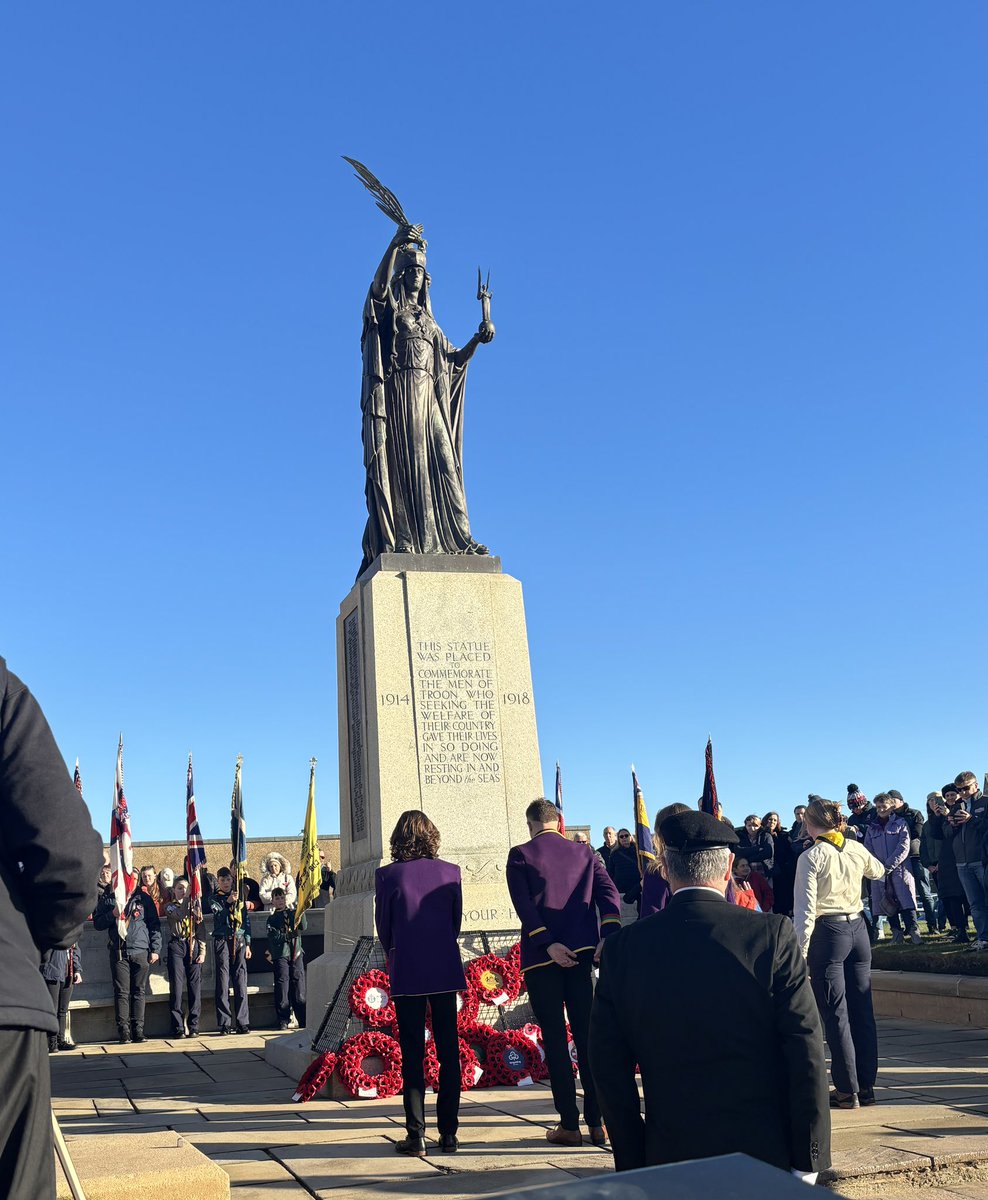Our School Captains laid a wreath at the Troon Cenotaph today on behalf of all staff and students of Marr College. Afterwards we joined the community at the service in Troon Old Parish Church. #LestWeForget2023 ❤️