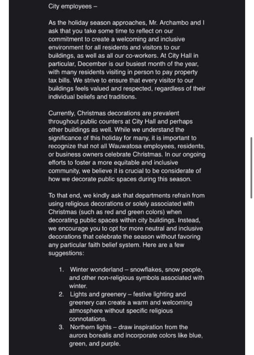 libsoftiktok's tweet image. Melissa Cantarero Weiss, the Deputy City Administrator of the City of Wauwatosa, WI, sent an email to city workers instructing them not to use red and green and religious Christmas decorations because it’s not “inclusive” and “equitable.”

She also refers to snowmen as “snow…