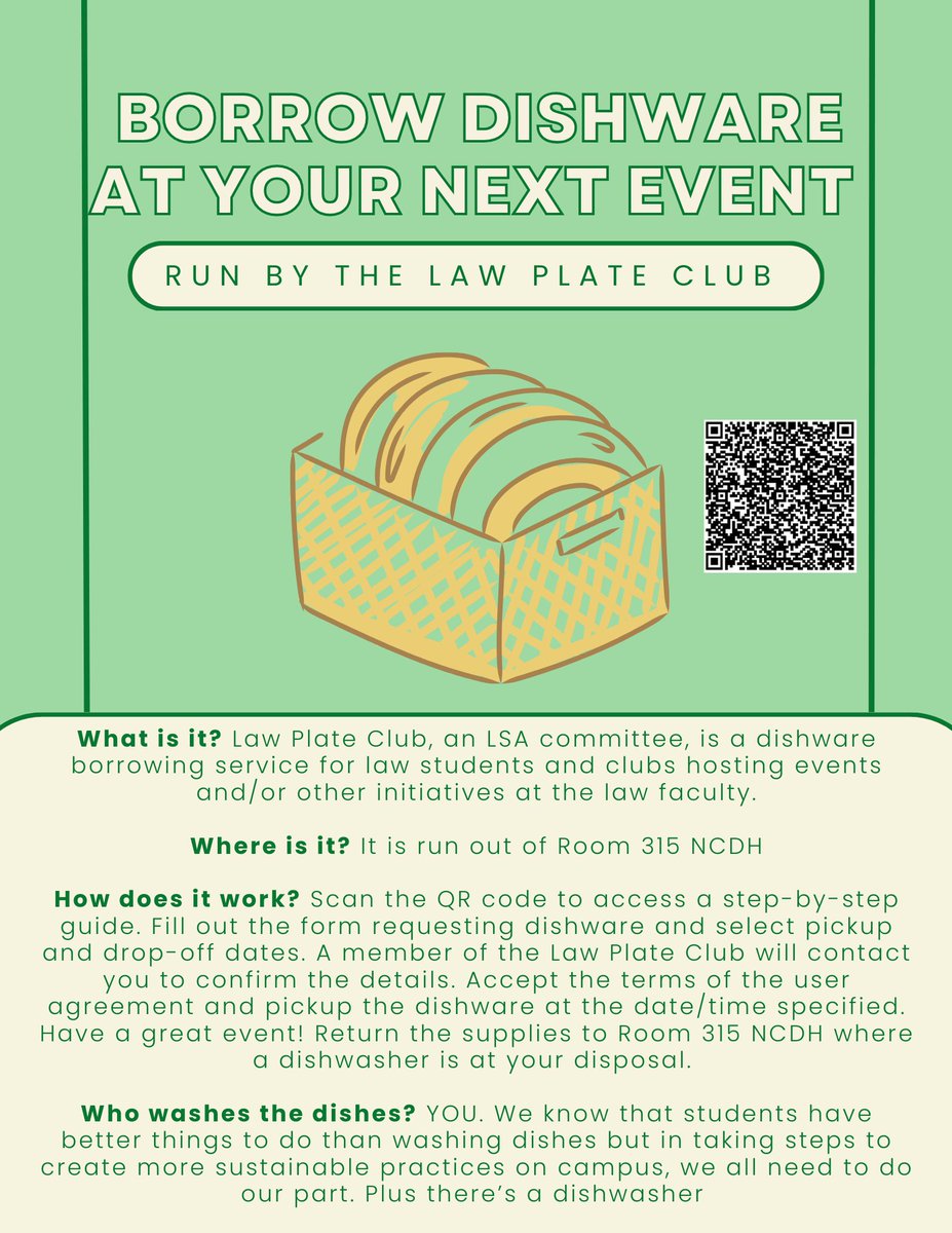 The LSA Plate Club is back! Clubs and associations at #McGillLaw can borrow reusable dishwater (plates, cutlery, etc) from the 3rd floor of NCDH 🌿 

Learn more here: mcgill-my.sharepoint.com/:w:/g/personal…