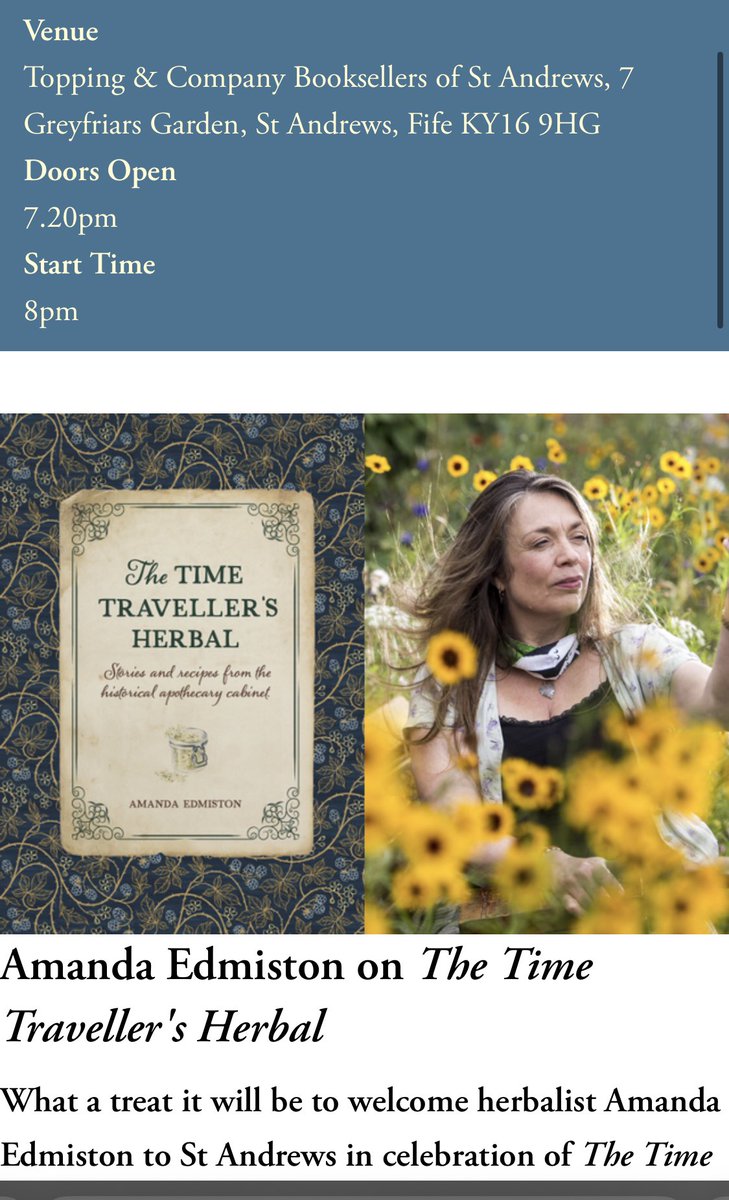 If you’re hoping to make it along to a Time Traveller’s Herbal launch event+have missed one of the tickets to the sold out events I can highly recommend @ToppingsStAs a fabulous bookshop~on Friday 17th~ I’ll be sharing hidden stories from the book toppingbooks.co.uk/events/st-andr…