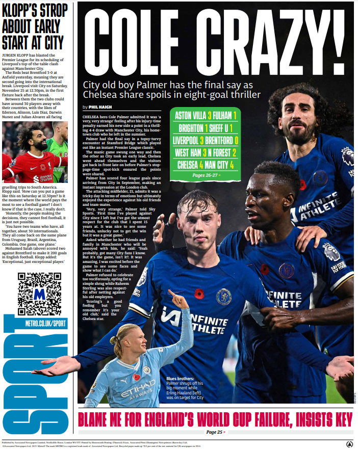 COLE CRAZY! City old boy Palmer earns Chelsea a point in an eight-goal thriller. Here's Monday's back page.