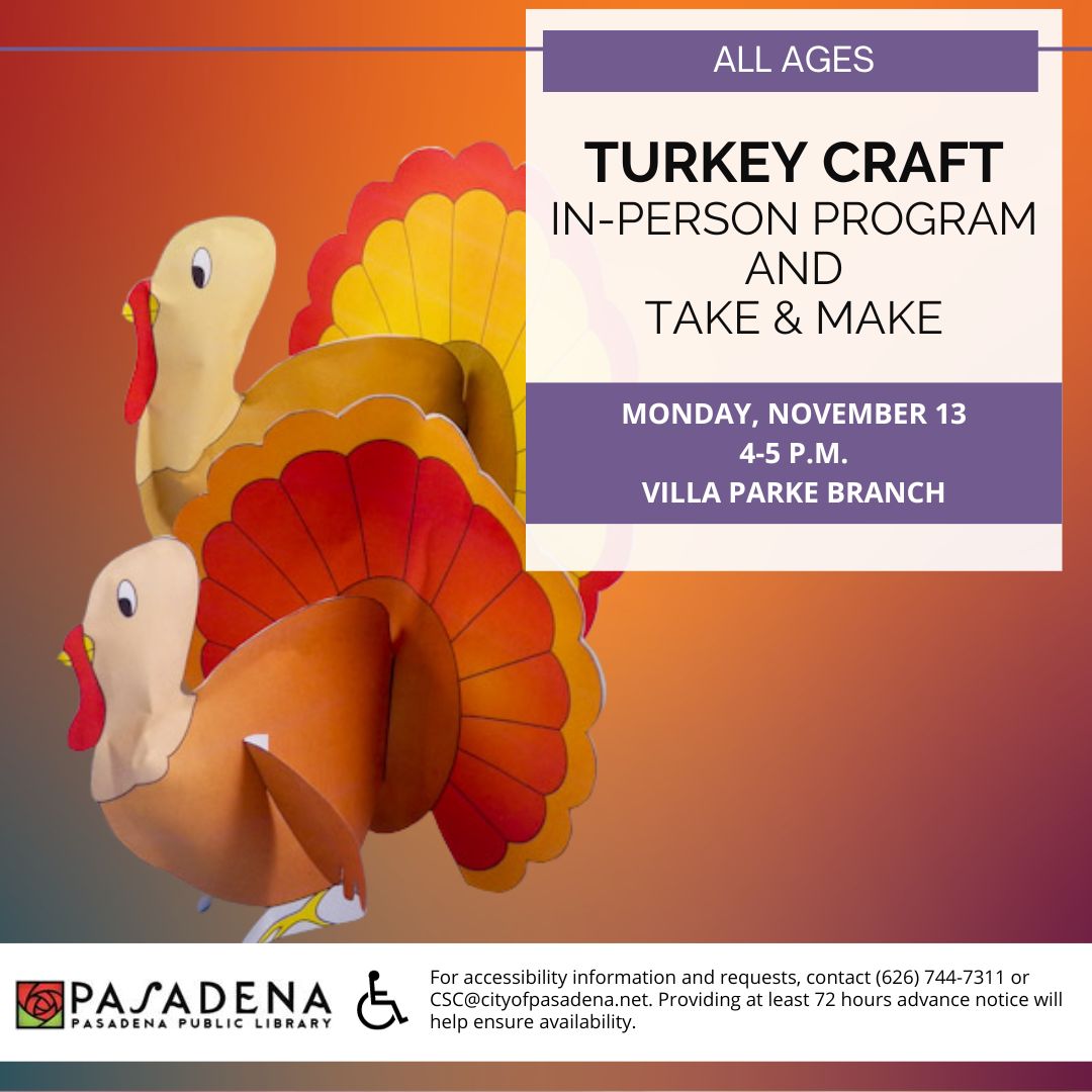 Join us to create a fun Thanksgiving turkey craft tomorrow, Monday, November 13, at Villa Parke from 4 to 5 p.m.! 

If you can't make it for Monday's in-house craft hour, pick up a kit to create a craft at home any day Monday through Friday, Nov. 13 - Nov. 17.
