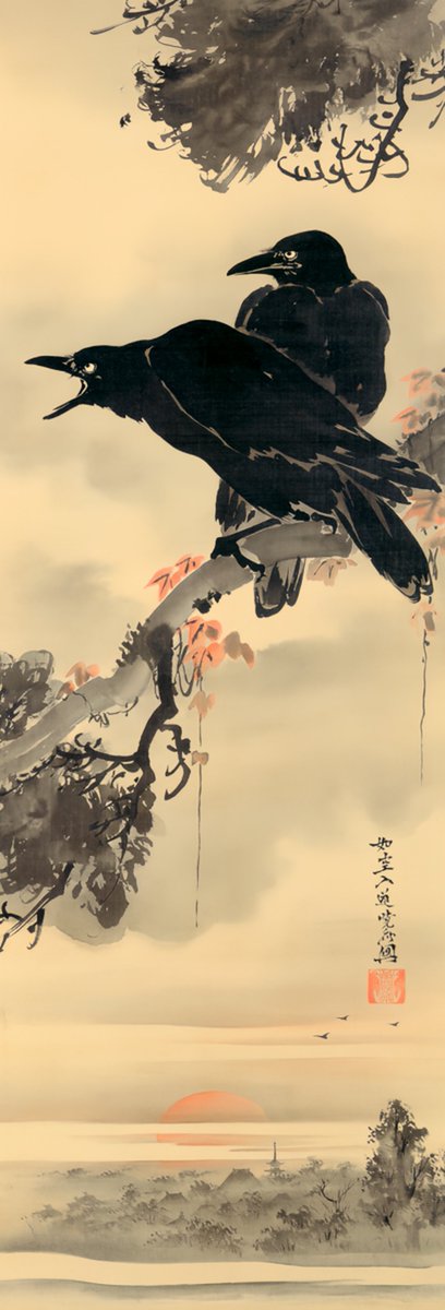 Two Crows Perching a Branch and Landscape, by Kawanabe Kyosai, 1883 #kanoschool