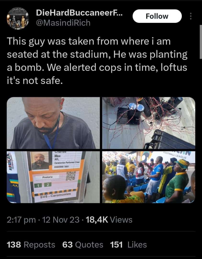 AthlendaM's tweet photo. [MAKING HOAX BOMB THREATS IS A CRIME]The person in this video and picture is a service provider who was contracted to supply&amp; display pryotechnics (fireworks) displays at the end of the game. In this video,he is accompanied by SAPS officers as he is busy setting these devices up. https://t.co/cXQjthpYsk