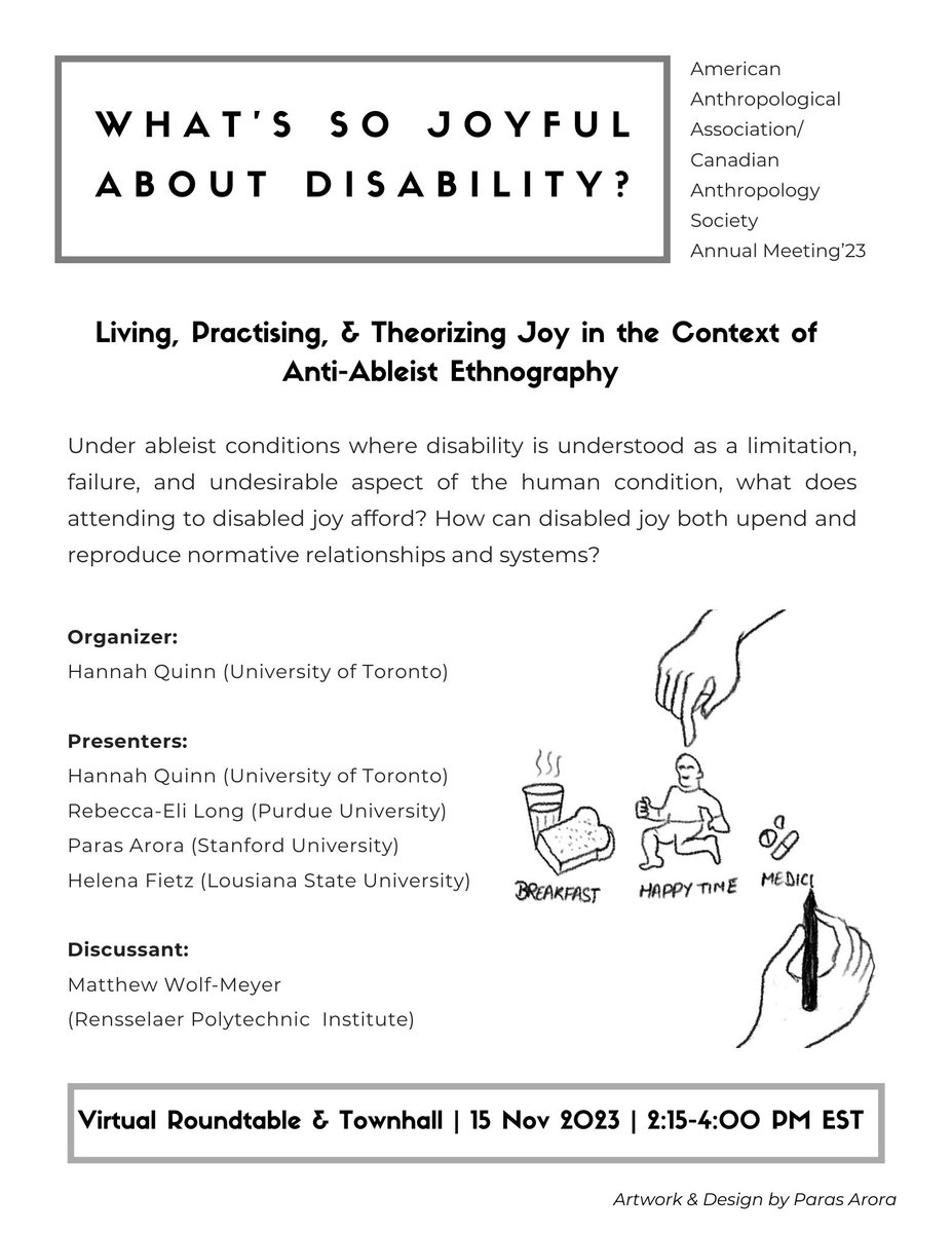 ParasAnthro's tweet image. Honoured to be presenting at this virtual town-hall on disabled joy and anti-ableist ethnography with @Hanelizqui, @RebeccaEliLong, @HFietz, &amp;amp; @M_Wolf_Meyer at #AAACASCA2023

May disabled joy help us in recovering the ordinary during these truly genocidal times 🌸