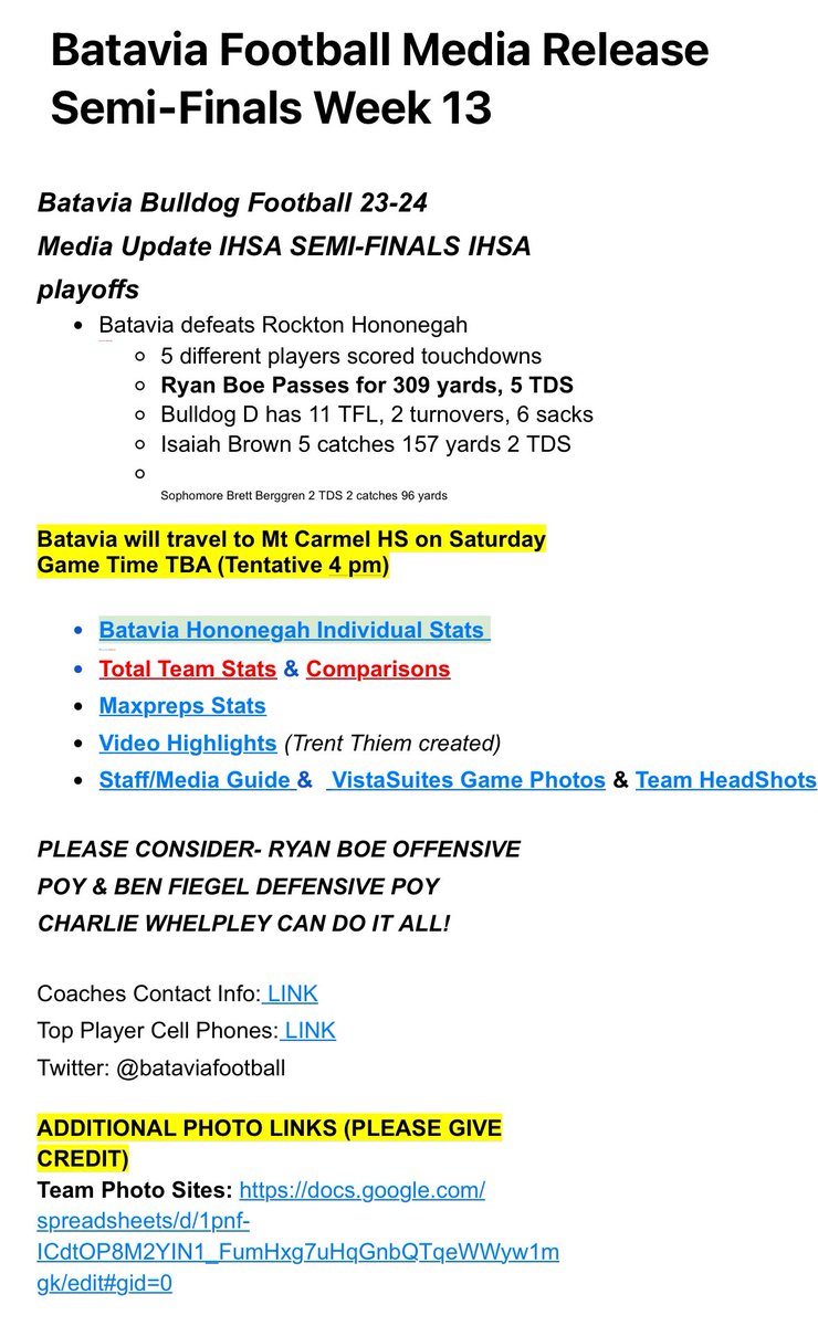 This is what Batavia sends out to the media every Sunday…in case you wondered how an average sized town became such a football powerhouse.  Imagine the love, time and expertise put into the actual football.