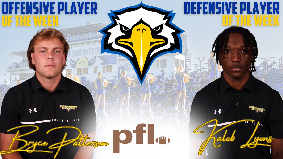 2⃣ <a href="/MSUEaglesFB/">Morehead State Football</a> players earn <a href="/PFLNews/">Pioneer Football</a> Player of the Week awards.

Bryce Patterson (<a href="/BrycePatt17/">Bryce Patterson</a>) is the Offensive Player of the Week after 6 TDs Saturday in first start. Kaleb Lyons is Defensive Player of the Week after 3 interceptions.

Story: bit.ly/3QDUcvx #SoarHigher
