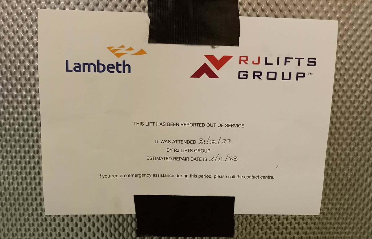 ℹ️ As of 31 Oct 23, Lift 115 remains 'OUT OF SERVICE' with no further information shared with #HurleyHouse residents, exceeding the initially estimated repair date of 7 Nov 23. @Lambeth_Council, we kindly request updates for residents from #RJLiftsGroup. #CottonGardensEstate