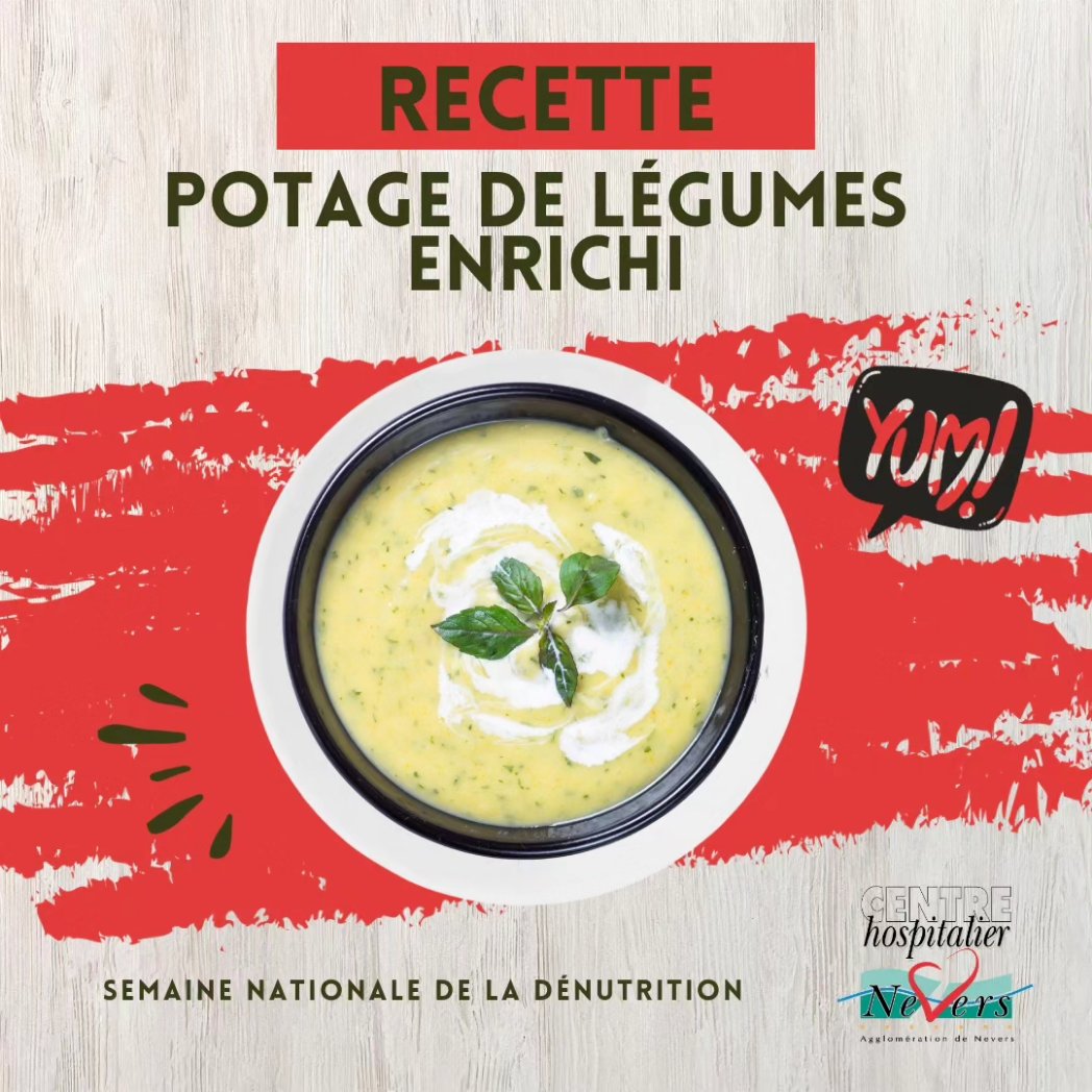 CHNevers's tweet photo. 👨‍🍳 Quel meilleur moyen de savourer son dimanche qu'autour d'un bon potage ? 

La #recette du jour est un #potage de #légumes enrichi 😍

Plaisir et #gourmandise, on ne vous propose rien de moins au menu pour cette Semaine Nationale de la #Dénutrition !

#santé #nutrition #Nevers https://t.co/BVXPx59vN7