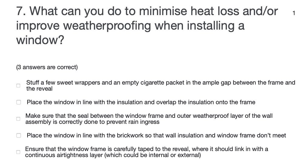 AECB retrofit course writers do like a laugh. Unfortunately most builders still believe the answer to the following question is the first one .
#retrofit #passivhaus