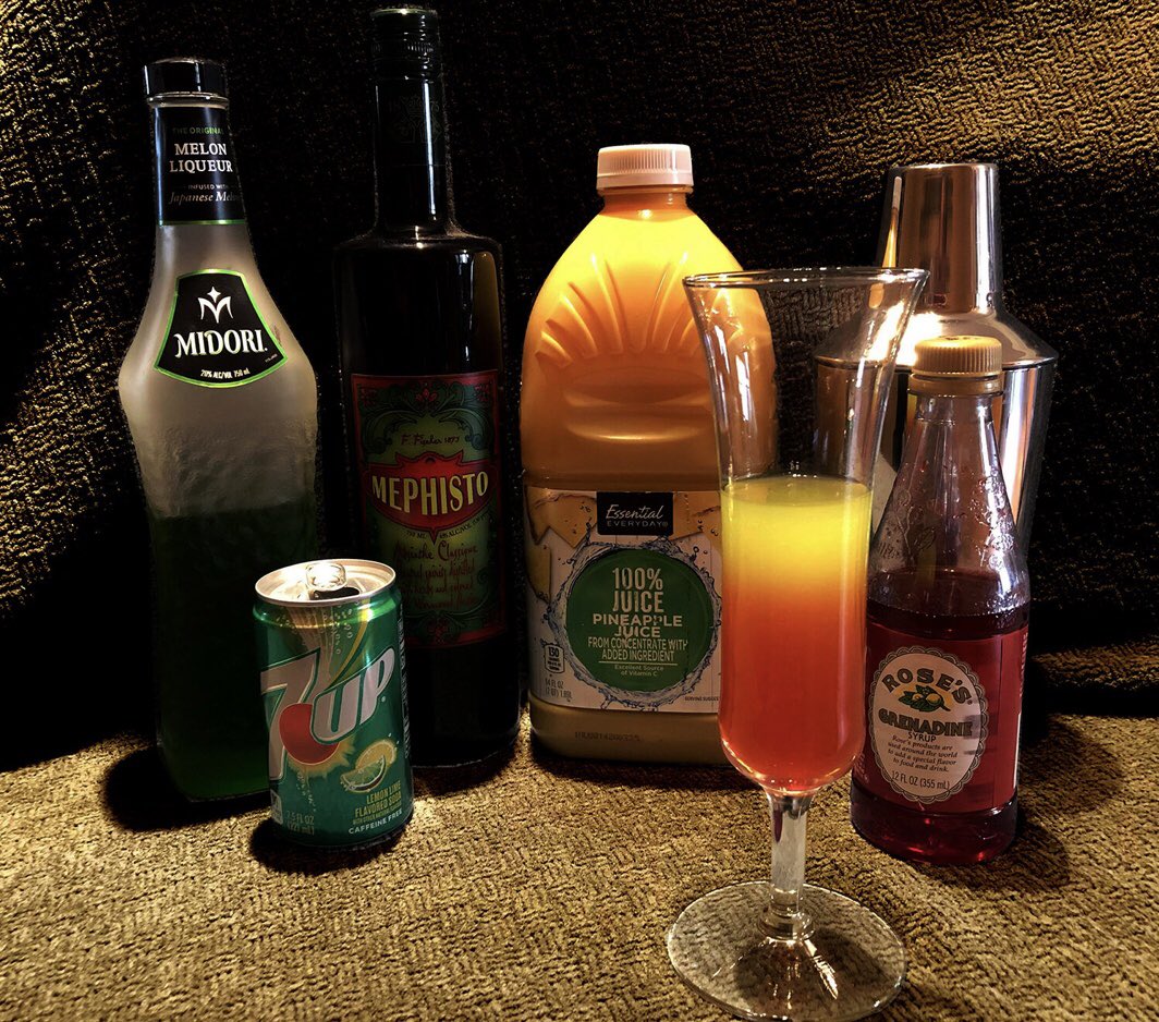 Today’s 2nd selection “celebrating” #NationalHappyHourDay is our  “Wolf Bite” from (Ep.37) “Brotherhood of the Wolf”. 
Ingredients:
1/2 oz. Absinthe
1/2 oz. Midori Melon Liqueur
1oz. pineapple juice
Splash lemon -lime soda
1 or 2 tsp of Grenadine
(1/2)