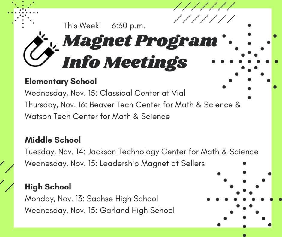 GISD Magnet Programs (@gisdmagnets) on Twitter photo There are more magnet info meetings this week! <a href="/gisdnews/">Garland ISD</a> <a href="/VialCC_Vikings/">Classical Center at Vial Elementary</a> <a href="/BeaverMST_Stars/">Beaver MST</a> <a href="/Watson_Wildcats/">Watson MST</a> <a href="/Jackson_Vikings/">Jackson MST</a> <a href="/Sellers_Sharks/">Sellers MS</a> <a href="/SHS_Mustangs/">Sachse High School</a> <a href="/GHS_Owls/">Garland High School</a> There are more magnet info meetings this week! <a href="/gisdnews/">Garland ISD</a> <a href="/VialCC_Vikings/">Classical Center at Vial Elementary</a> <a href="/BeaverMST_Stars/">Beaver MST</a> <a href="/Watson_Wildcats/">Watson MST</a> <a href="/Jackson_Vikings/">Jackson MST</a> <a href="/Sellers_Sharks/">Sellers MS</a> <a href="/SHS_Mustangs/">Sachse High School</a> <a href="/GHS_Owls/">Garland High School</a>