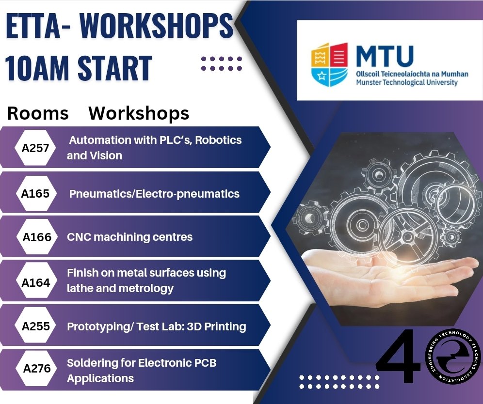 ETTA workshops starting at 10am on Saturday 18th of November express interest by following the link below.

forms.office.com/Pages/Response…

#ettacon23 <a href="/MTU_/">Mert Tuna</a> <a href="/OideTechinEd/">Oide Technology in Education</a> <a href="/DonegalEtta/">Donegal ETTA</a> <a href="/EttaArea1/">ETTA Area 1</a> <a href="/Area12etta/">ETTA Ireland Area 12</a> <a href="/Area9ETTA/">Area 9 ETTA</a> <a href="/Area2ETTA/">Area 2 ETTA</a> <a href="/KUKA_IE/">KUKA_IE</a> <a href="/area3rep/">Area 3 ETTA</a> <a href="/AmtceT/">AMTCE_Training</a> <a href="/astiunion/">ASTI</a> <a href="/TUIunion/">Teachers' Union Ire.</a>