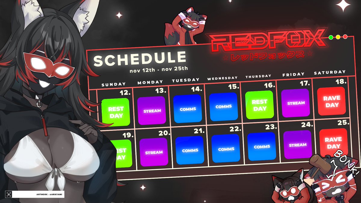 RedfoxVt's tweet photo. New Schedule for another Fortnight 😏👌
✨NOV 12-25TH✨
ART TAG - #redillust
NSFW TAG - #redlight34
Fan Name - Foxels (Fox Pixels)
Emotes: 👾🦊
🎨 by @/arikyami https://t.co/TliwoXDuyF