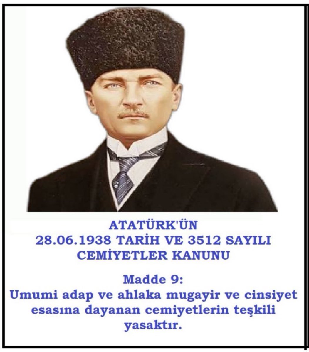 Atatürk'ün 3512 sayılı ve 28.06.1938 tarihli Cemiyetler Kanunu'yla yaptığı gibi cinsel bölücü Feminist dernekleri sosyâl terör örgütü ilan edilip kapatılmalı; elebaşları tutuklu yargılanmalıdır!

<a href="/RTErdogan/">Recep Tayyip Erdoğan</a> <a href="/dbdevletbahceli/">Devlet Bahçeli</a> <a href="/_cevdetyilmaz/">Cevdet Yılmaz</a> <a href="/yilmaztunc/">Yılmaz TUNÇ</a> <a href="/AliYerlikaya/">Ali Yerlikaya</a> <a href="/MahinurOzdemir/">Mahinur Özdemir Göktaş</a>