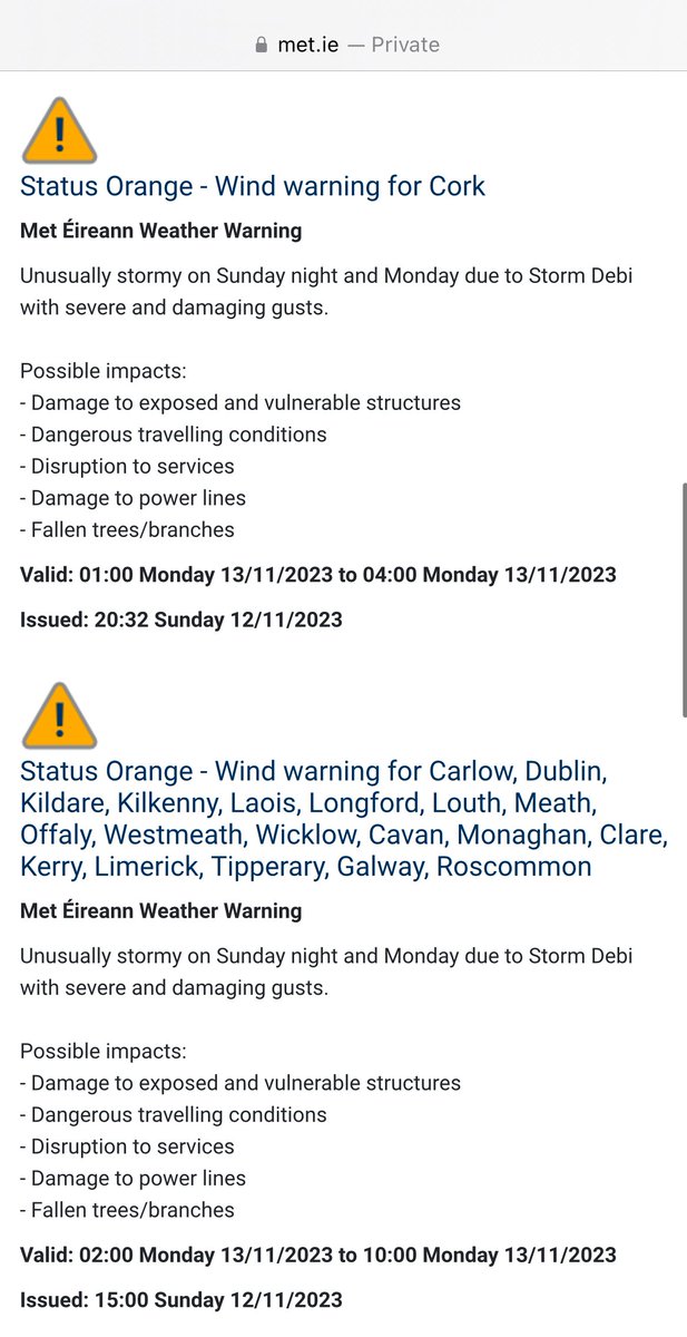 More counties gone Red and Orange now!

Status Red - Wind warning for Dublin, Kildare, Laois, Louth, Meath, Wicklow, Offaly, Westmeath. Clare, Kerry, Limerick, Tipperary, east Galway, south Roscommon.