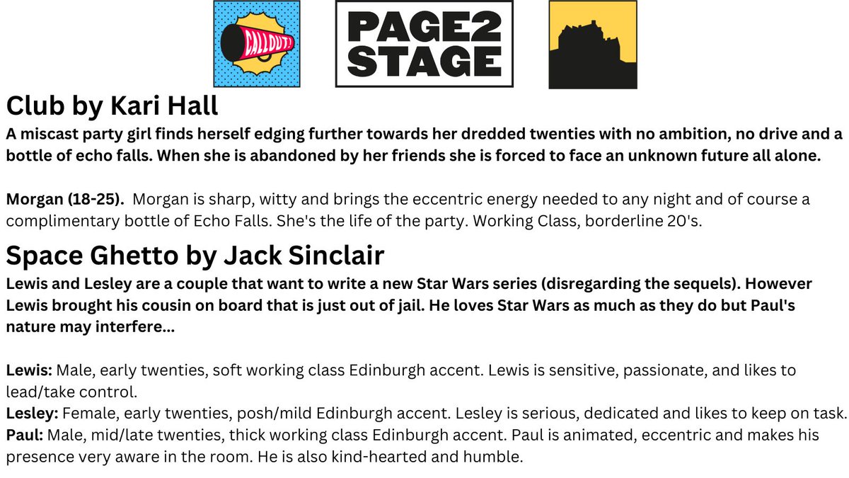 Page2stageE's tweet image. **CASTING**    

#Actors #CallOut #Page2Stage   

Event: 28 November 2023

@ScotStoryCentre

Deadline: 20 November, Midnight  Info below 👇 Apply by email or via link below:

form.jotform.com/page2stage.ed/…