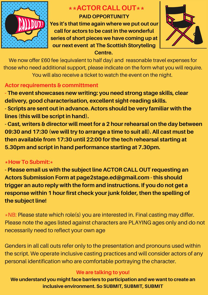 Page2stageE's tweet image. **CASTING**    

#Actors #CallOut #Page2Stage   

Event: 28 November 2023

@ScotStoryCentre

Deadline: 20 November, Midnight  Info below 👇 Apply by email or via link below:

form.jotform.com/page2stage.ed/…
