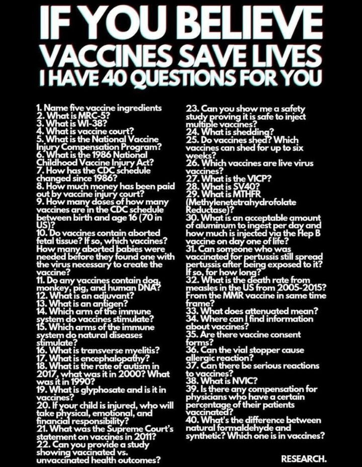 🚨🚨🚨Please answer these questions for your own good and your family’s health when it comes to #Vaccines I personally will NEVER take a #Vaccine again and NO ONE in my family will either, I’m not asking you to do the same, I’m just asking you to please be SAFE and do some