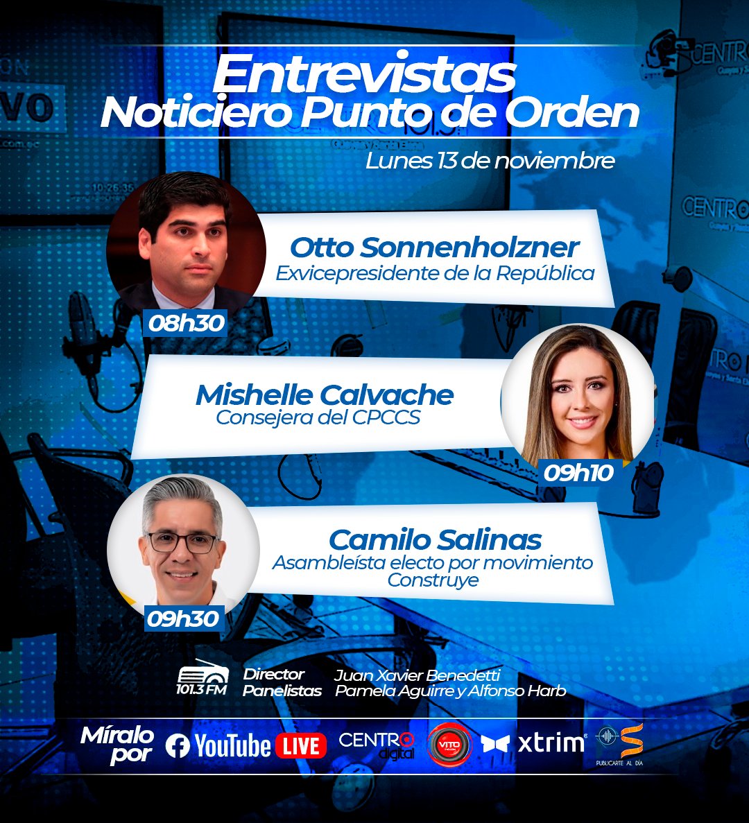 Mañana en #PuntoDeOrden🎙️
Con los protagonistas que marcan la jornada informativa 🇪🇨

➡️   <a href="/ottosonnenh/">Otto Sonnenholzner</a> 
➡️   <a href="/mishu_calvache/">Mishelle Calvache F</a> <a href="/CpccsEc/">Participa Ecuador</a> 
➡️   Camilo Salinas <a href="/Construye_Ecu/">Construye_Ecu</a> 

Sintoniza 101.3 FM📻
En vivo por redes sociales / <a href="/radiocentroec/">CENTRO Digital</a>