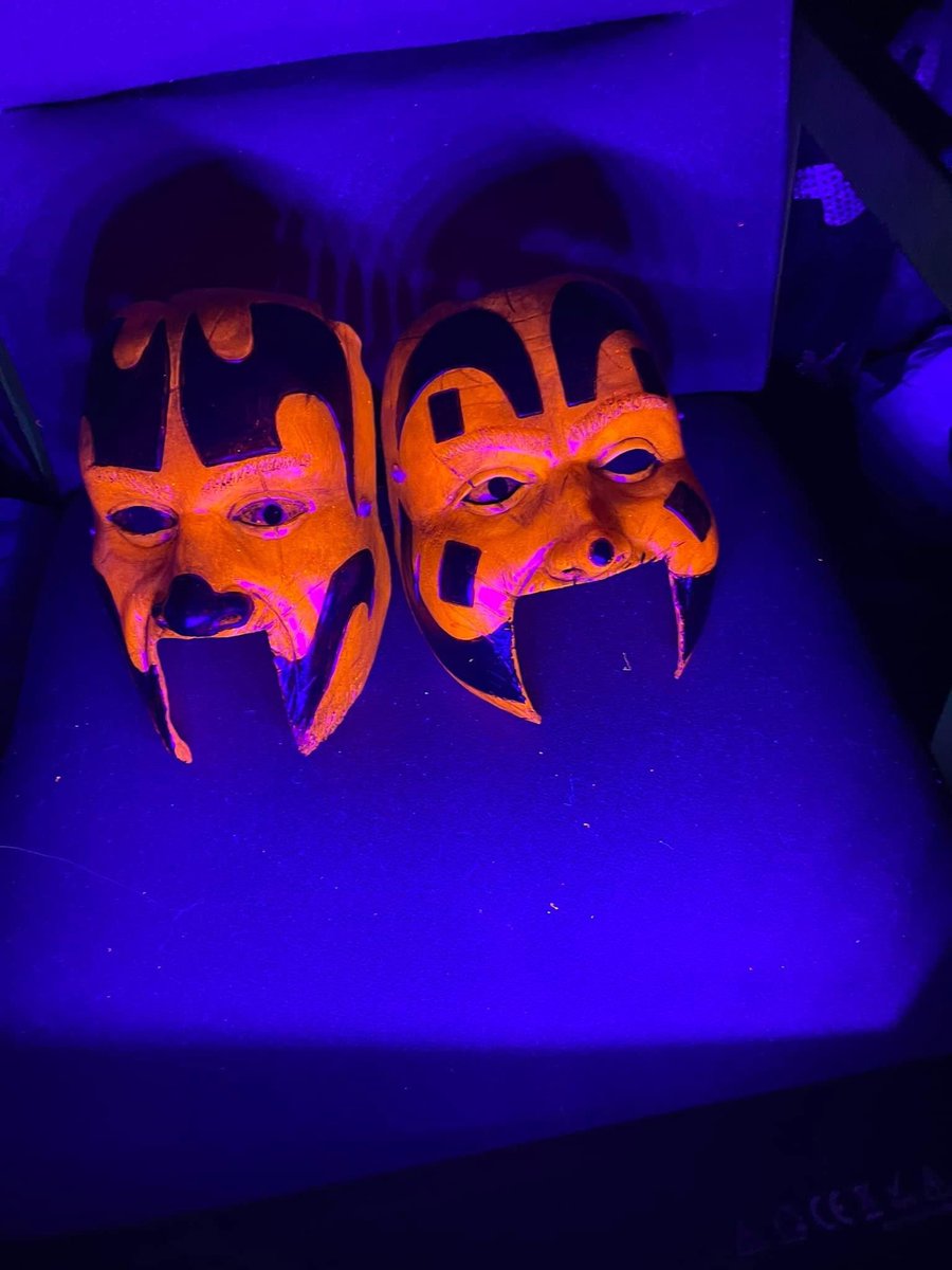 These popped up in my fb memories. 
I was inspired after going to Hallowicked in 2021 and made this resin pair of my ICP masks when I got home. Voodoo/war torn vocalist styled cutouts, cast in a nuclear orange glow resin. 
I haven’t made a resin pair of these since this set.