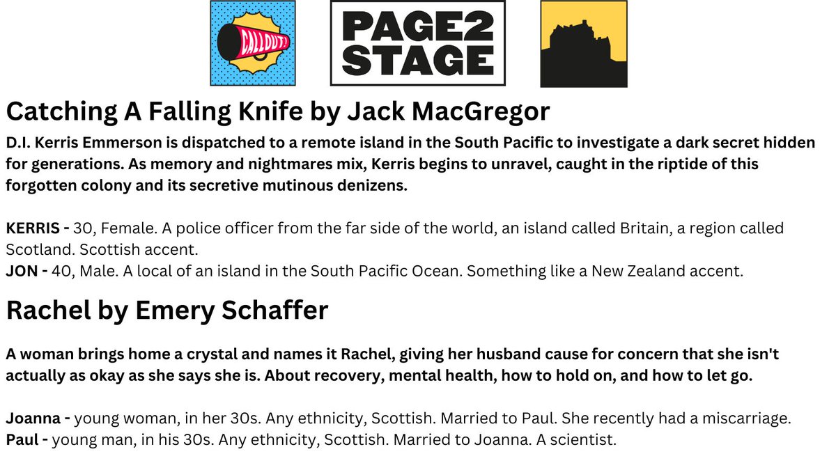 Page2stageE's tweet image. **DIRECTOR** 

#CallOut #Page2Stage 

Event: 28 November 2023 
@ScotStoryCentre

Deadline: 20 Nov, Midnight  

Info below 👇 Apply by email or via link below:

form.jotform.com/page2stage.ed/…