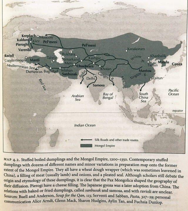 The Mongols are a big reason for why dumplings spread across Eurasia and became staples in so many cuisines

From Rachel Laudan’s Cuisine and Empire: Cooking in World History (University of California Press, 2013)