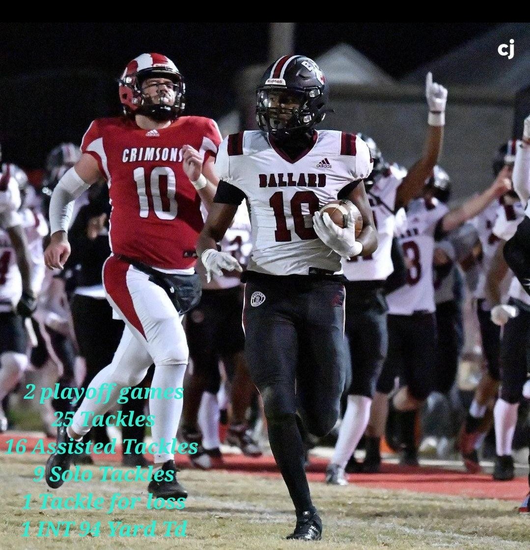 2 playoff games, "Not Finished YET!"
25 TL
16 Assist TL
9 Solo TL
1 TFL
1 INT TD 94 Yards  <a href="/BallardFball/">Ballard Football #Team57</a> <a href="/Coachmorton23/">Adrian Morton</a> <a href="/bilalpowell29/">Bilal Powell</a>  <a href="/WKURecruiting/">WKU Football Recruiting</a> <a href="/ULFBRecruiting/">Louisville FB Recruiting</a> <a href="/vincemarrow/">CoachMarrow</a> <a href="/ysufootball/">Youngstown State Football</a> <a href="/DeionSanders/">COACH PRIME</a> <a href="/Coach__Jake/">Jake Johnson</a> <a href="/Coach_Snuggs/">Beau Snuggs</a> @_thomas_jenkins <a href="/Ry_Beard/">Ryan Beard</a>  <a href="/Recruits2Eugene/">Oregon Football Recruiting</a>