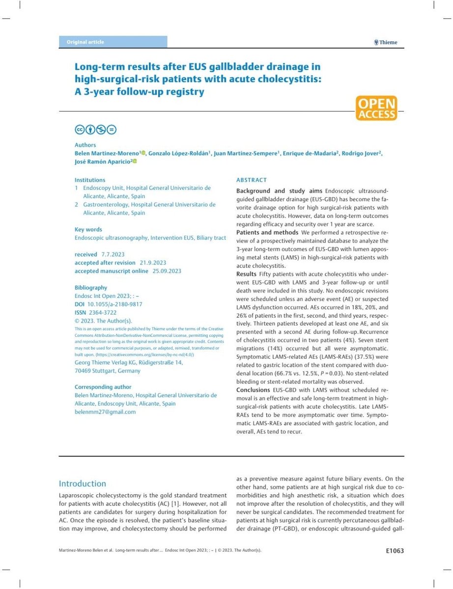 Belen Martinez Moreno (@belenmm271) on Twitter photo 🔥🆕️Happy to share our 3-year results of indwelling EUS- Gallbladder drainage registry 😄
👇🏽
⛔️📈 No sign. increase of AE after 1st.year
⏬️ Low recurrent cholecystitis (4%)
⬆️ AE with gastric location (over duodenal)
 ⚠️AE tend to recurr🔀 clean+ remove LAMS in these patients 🔥🆕️Happy to share our 3-year results of indwelling EUS- Gallbladder drainage registry 😄
👇🏽
⛔️📈 No sign. increase of AE after 1st.year
⏬️ Low recurrent cholecystitis (4%)
⬆️ AE with gastric location (over duodenal)
 ⚠️AE tend to recurr🔀 clean+ remove LAMS in these patients
