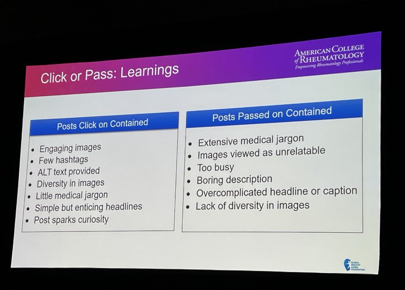 What images and text linking to research do patients find effective? @Zoerothblatt shares how images with too much jargon or are not relatable are passed on, not clicked on. #ACR23