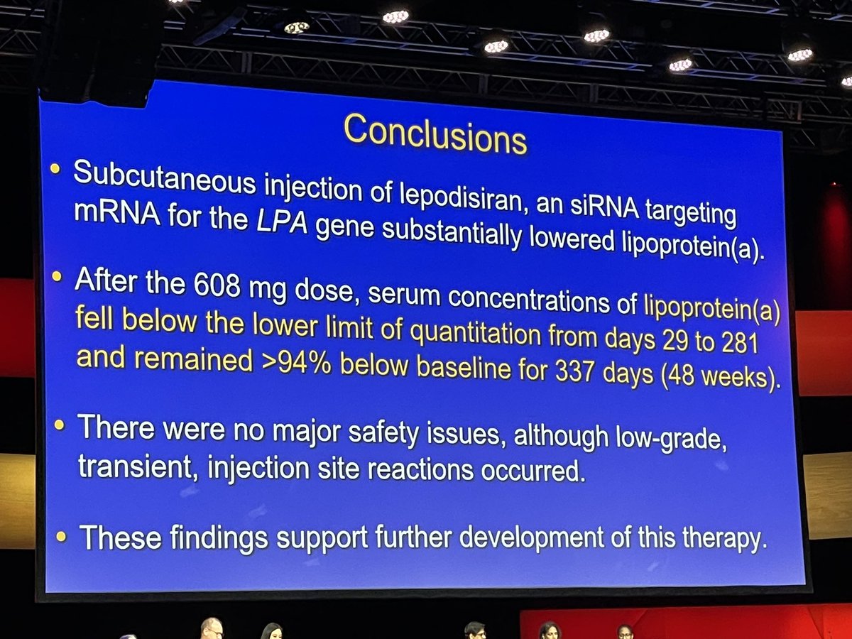 #AHA23 Lepodisiran single administration, highest dose in Phase I study- 94% Lpa lowering durable for 337 days @DrPJoshi @kewatson @PamTaubMD jamanetwork.com/journals/jama/…