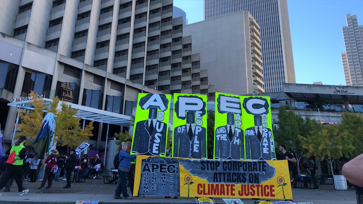 MaryJLovell's tweet photo. No to APEC! Indigenous rights, racial justice, and everyday people’s lives are all at risk from the corporate greed that is APEC. 
Speakers from the Palestinian youth movement and the Philippines to stop imperialist trade deals and military occupation #APEC2023 #NoToAPEC https://t.co/tETJguHf1r