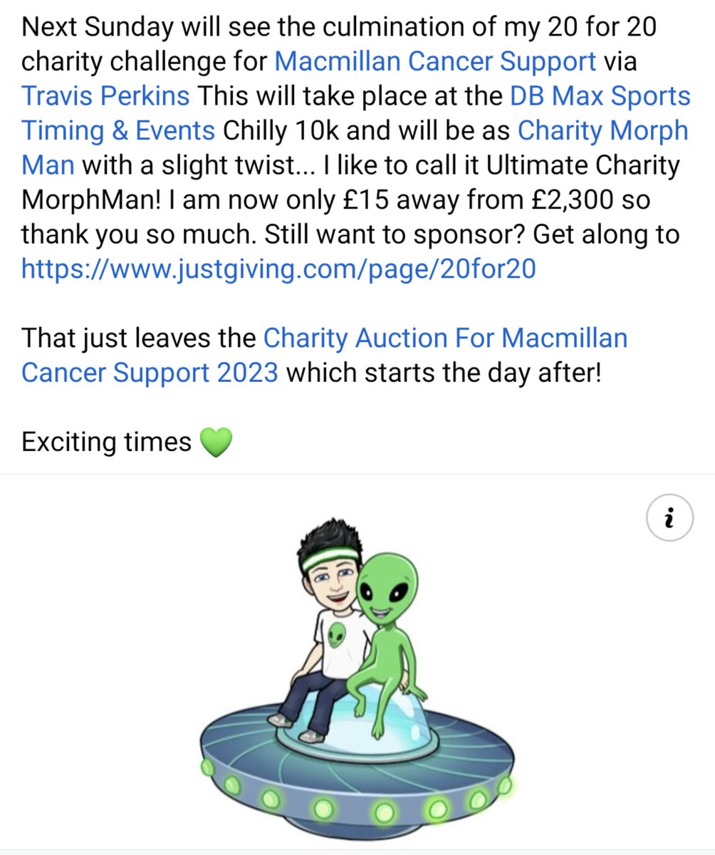 #20for20 challenge almost complete!
justgiving.com/page/20for20

#charitymorphman #charityauction #dbmax #dbmaxevents #chilly10k #travisperkins #macmillancancersupport