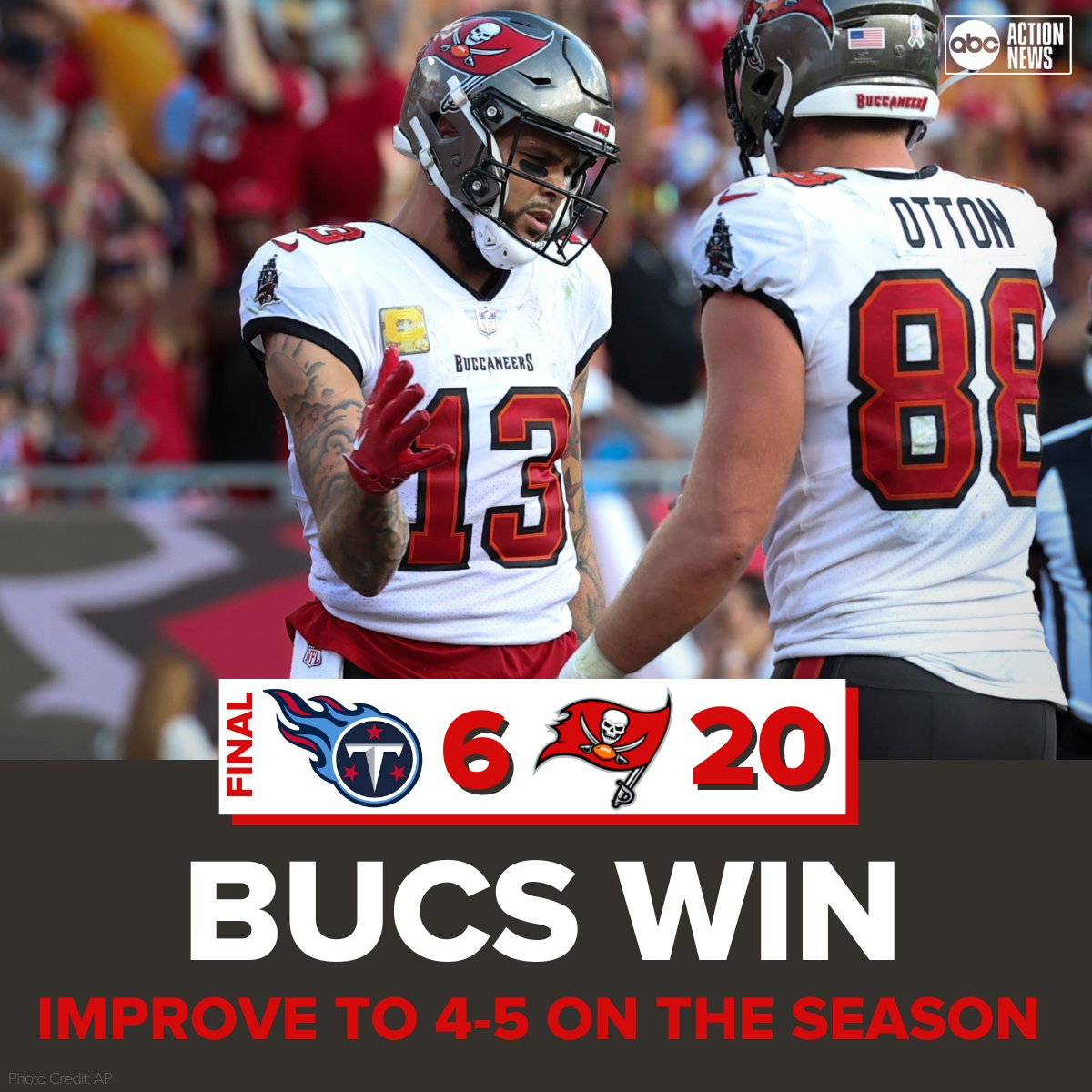 BUCS WIN | Powered by a 6-reception, 143-yard performance by Mike Evans, the Buccaneers improve to 4-5 with a home win against the Titans.