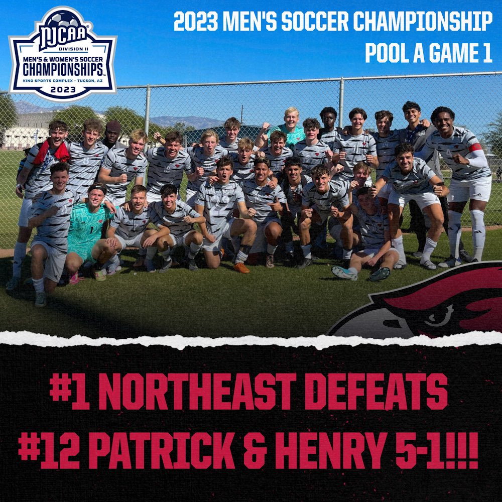 𝘏𝘢𝘸𝘬𝘴 𝘸𝘪𝘯! 𝘏𝘢𝘸𝘬𝘴 𝘸𝘪𝘯!

No. 1 Northeast gets the 2023 Men’s Soccer Championship started with a bang as they find the back of the net five different times and capture a 5-1 victory over No. 12 Patrick &amp; Henry!!!

#GoHawks 🔴⚪️⚽️