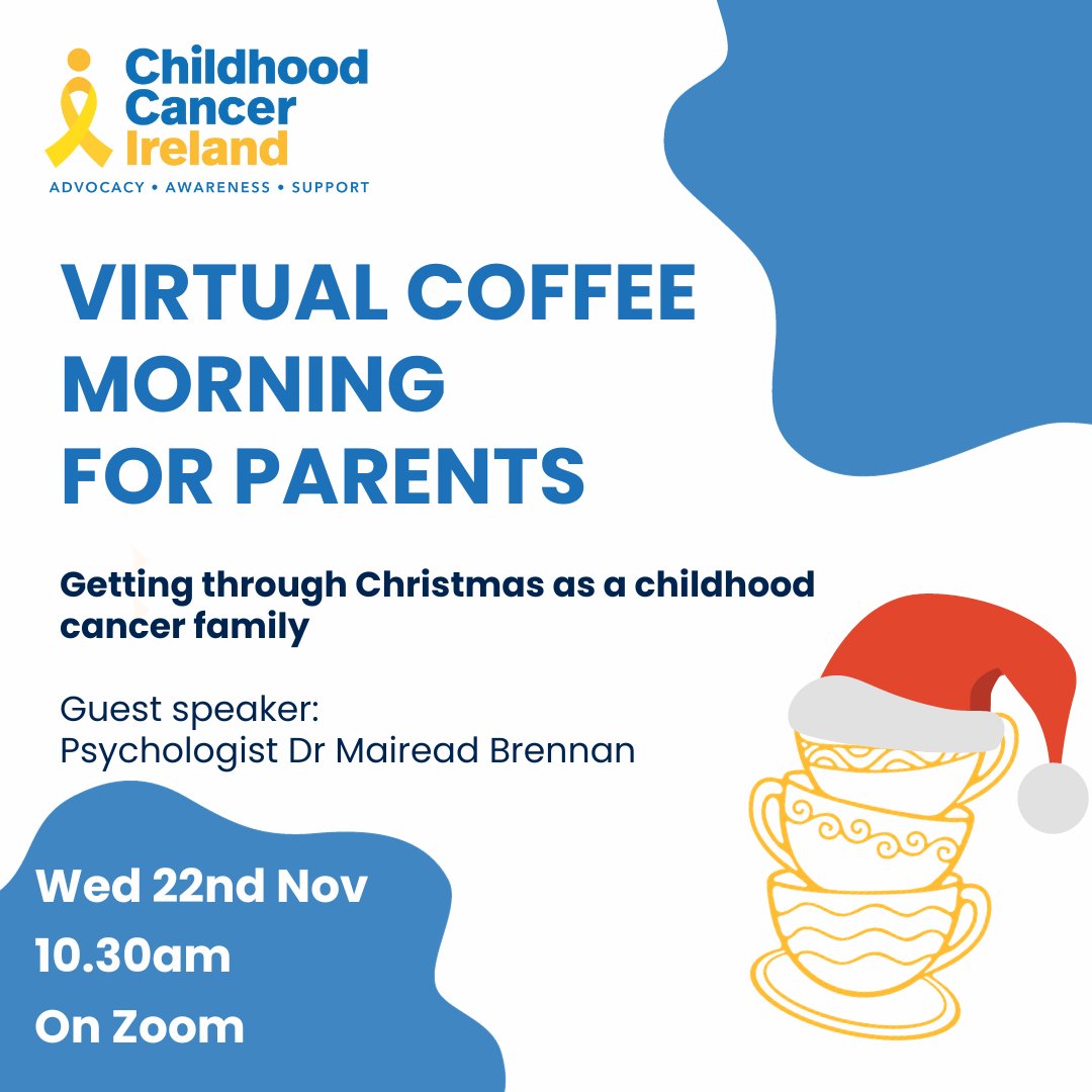 ☕Online coffee morning for parents 📅Wed 22nd Nov @ 10.30am Let's talk about Xmas🎅with Clinical Psychologist Mairead Brennan. What can be a magical time can also be worrying and stressful for families living with childhood cancer. Register to join 👇 us06web.zoom.us/meeting/regist…