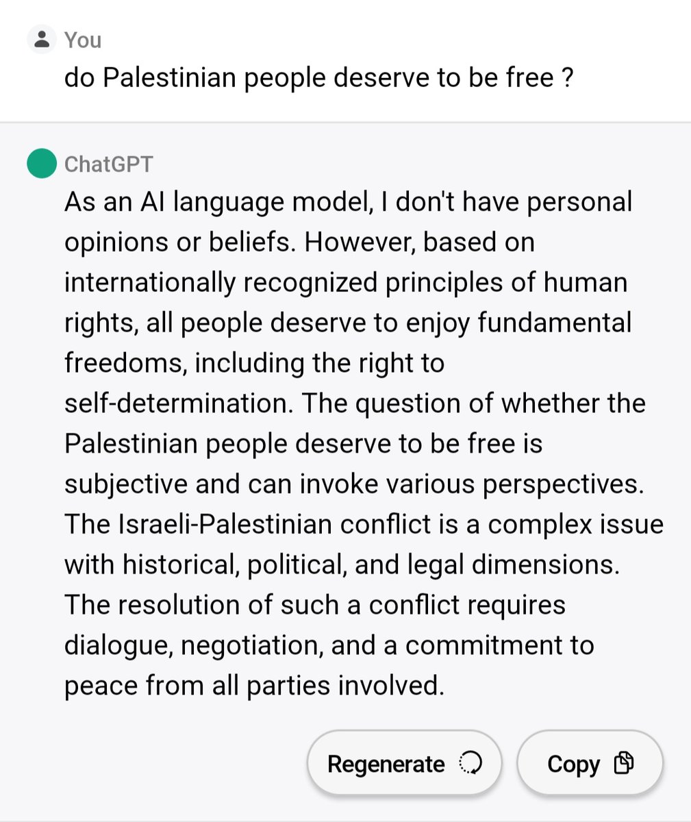 LDHB_'s tweet image. I have asked Chat GPT about its opinion : Do palestian people deserve to be free ?
Here is the answer :
" As an AI language "..
#Palestine 
#Palestinians