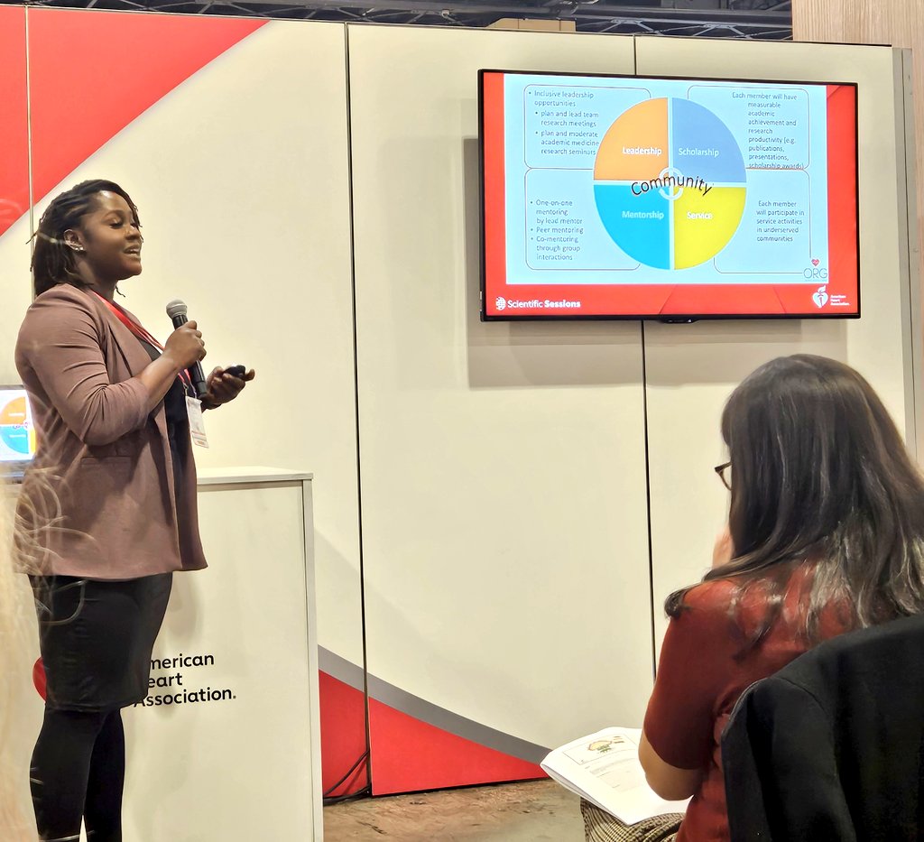 Anita @dr_Carmi, former @ORISEconnect fellow @EmoryatGrady, now PGY 1 resident @jmcchiefs discussing the #OgunniyiResearchGroup, our  innovative facilitated peer #mentoring group, built on core pillars of #mentorship #scholarship #research #leadership #service & #advocacy #AHA23