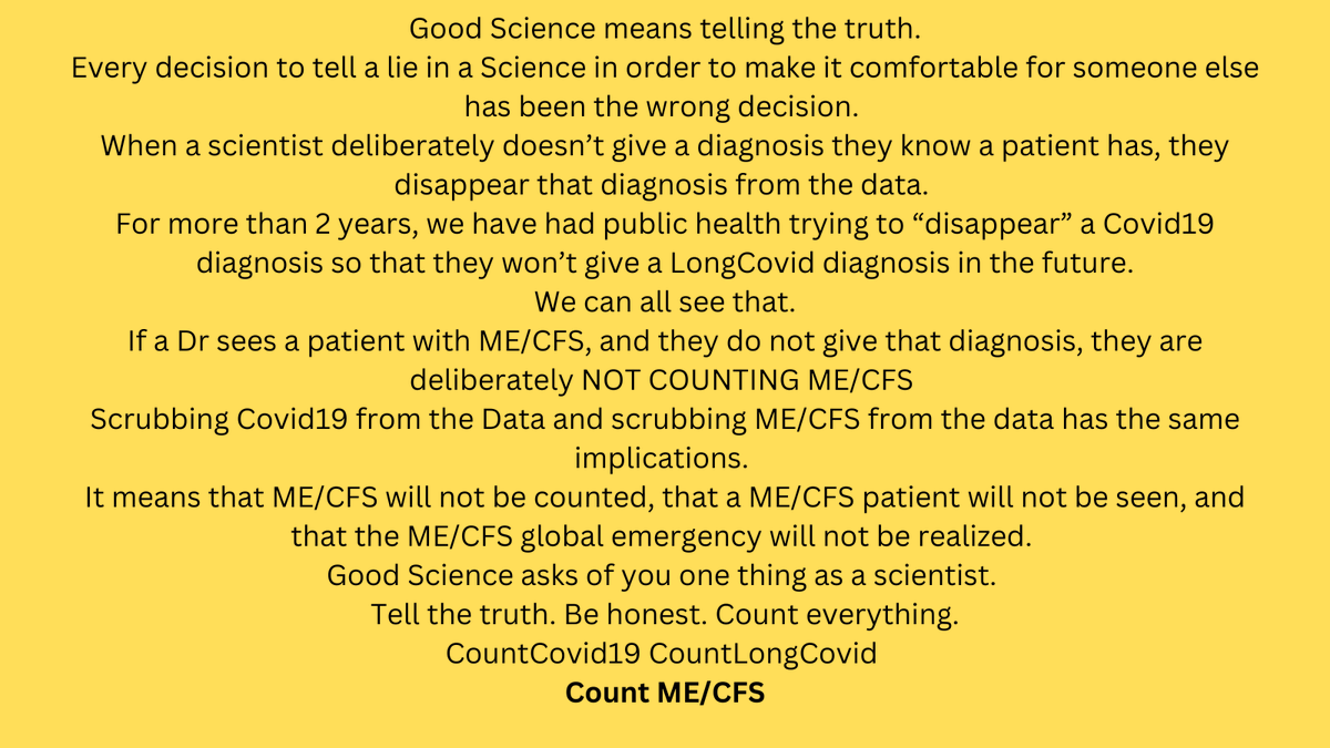 MECFSNanoneedle's tweet photo. @PutrinoLab It means that #MECFS will not be counted, that a #MECFS patient will not be seen, and that the #MECFS global emergency will not be realized.
Good Science asks of you one thing as a scientist.
Tell the truth. Be honest. Count everything.
#CountCovid19 #CountLongCovid
 #CountMECFS https://t.co/NMSVBsBaoz