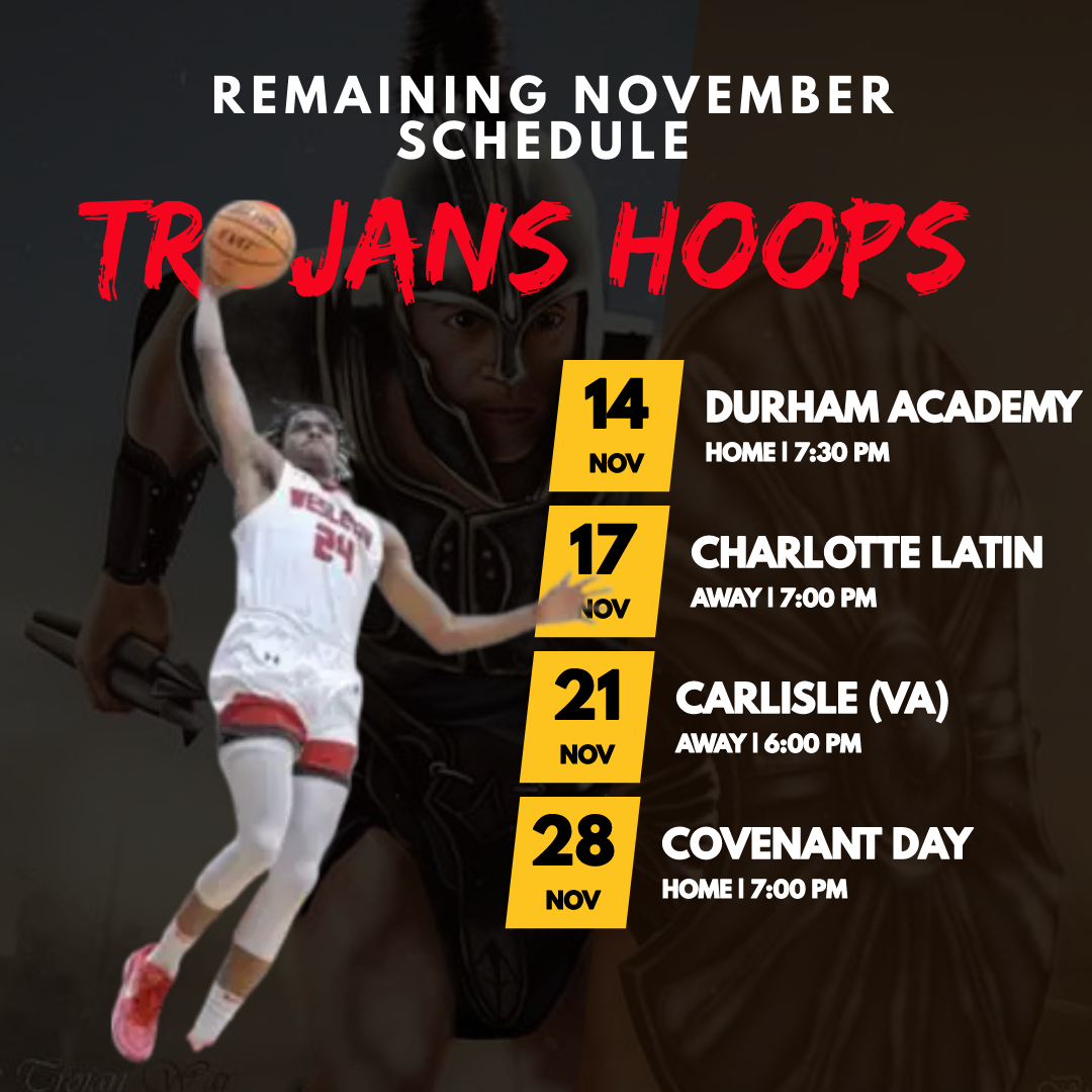 WCA_Boys_BBall's tweet photo. It's heating up for #TrojansHoops as we take a look at our remaining November schedule.  Time to build #NewEra Traditions! #RedSea @victoryoungjr83 @impact_carolina @wesleyantrojans #Family https://t.co/T1LKaJ0m5C