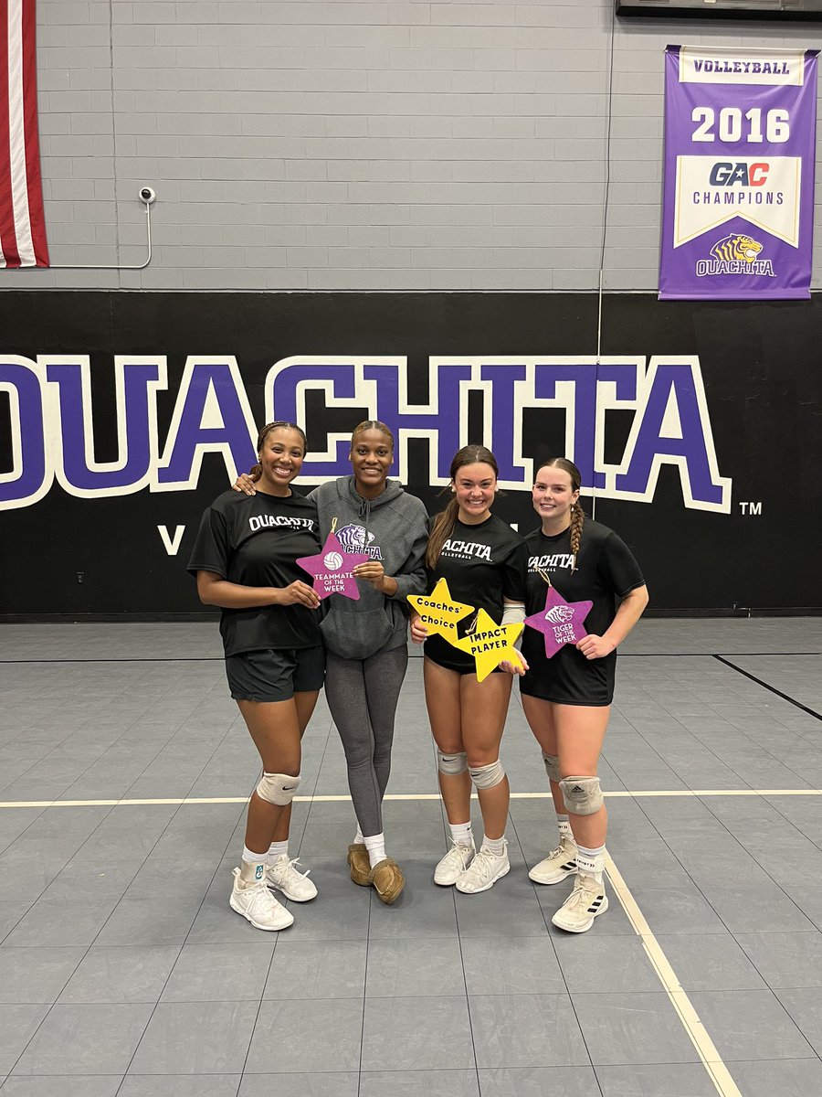 OuachitaVB's tweet photo. Teammates of the week are Eryn Dawson and Zhara Thomas! @KisgenKylie received both Impact Player and Coaches’ Choice for her roles this week while @PeytonChurch5 was voted Tiger of the Week! @OuachitaTigers #TIGS https://t.co/rSfwTIv6za
