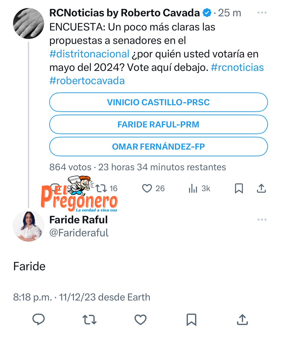 ElPregoneroRD's tweet photo. ¡Se equivocó de usuario! 

Faride Raful vota por ella misma en encuesta de Twitter y luego borra comentario tras Omar Fernández anunciar sus aspiraciones 

https://t.co/BxoS1V2p3n #ElPregoneroRD #Elecciones2024 https://t.co/3PhnqMKbjb